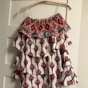 Caroline Constas Red and Black Patterned Ruffle strapless dress